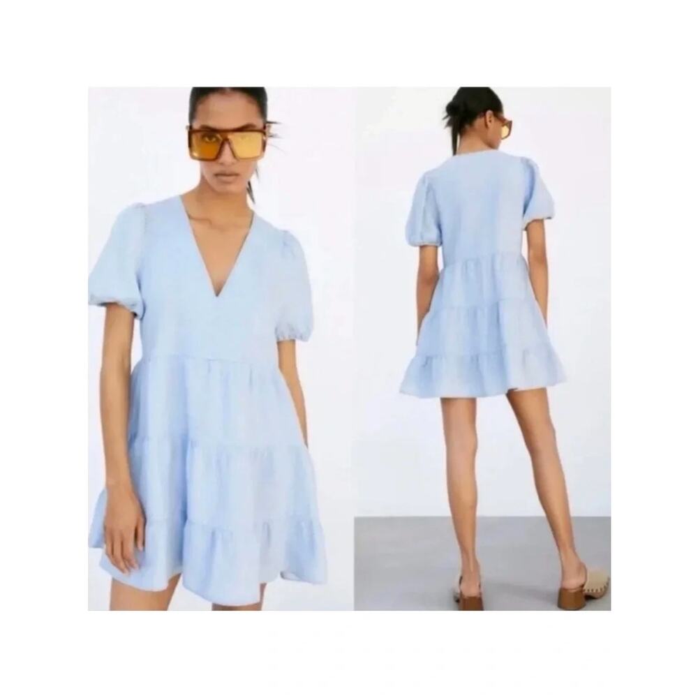 Zara Light Blue Linen Cotton Blend Tiered Puff Sleeve Babydoll Mini Dress L